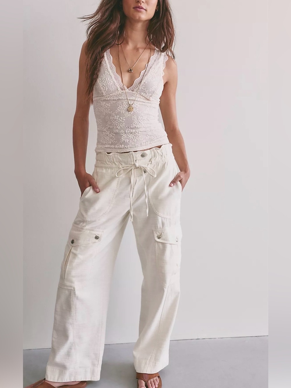 Free People We The Free Park Ave Pull-On Cargo Pants Ivory M NWT $148